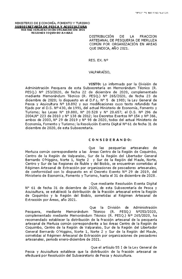 Res. Ex. DIG N° 62-2020 Distribución de la Fracción Artesanal de Pesquería de Merluza Común, Por Organización Regiones de Coquimbo al Maule, Año 2021. (Publicado en Página Web 31-12-2020)