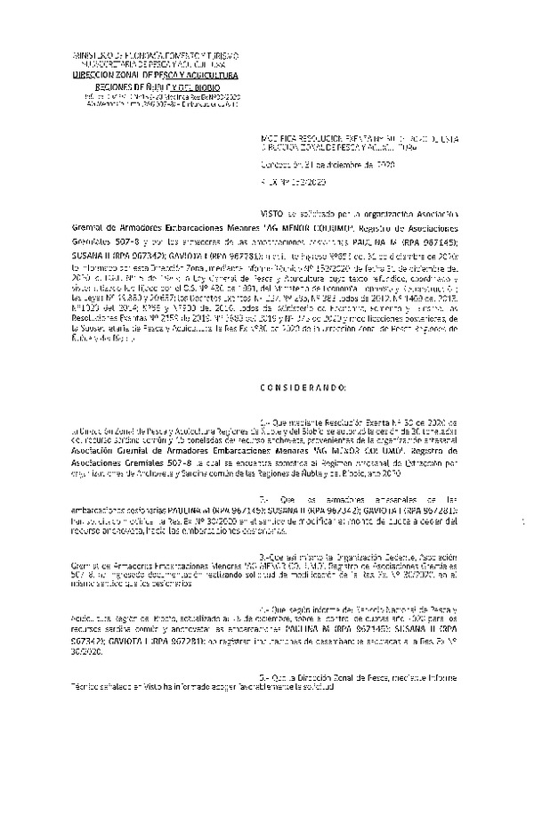 Res. Ex. N° 152-2020 (DZP Ñuble y del Biobío) Modifica Res Ex N° 0030-2020, (DZP VIII), Autoriza cesión Sardina Común y Anchoveta Región de Ñuble-Biobío (Publicado en Página Web 31-12-2020