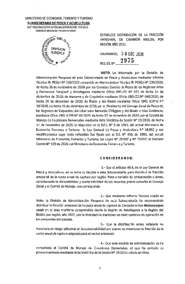 Res. Ex. N° 2975-2020 Establece Distribución de la Fracción Artesanal de Camarón Nailon, Por Región, Año 2021. (Publicado en Página Web 04-01-2021)