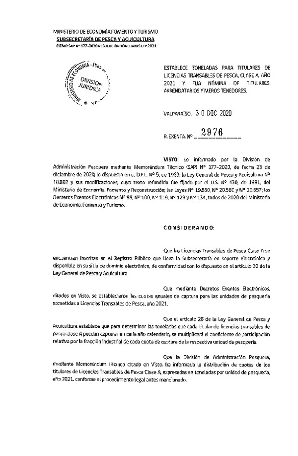 Res. Ex. N° 2976-2020 Establece Toneladas para Titulares de LTP clase A Año 2021 y Fija Nómina de Titulares, Arrendatarios y Meros Tenedores. (Publicado en Página Web 04-01-2020)