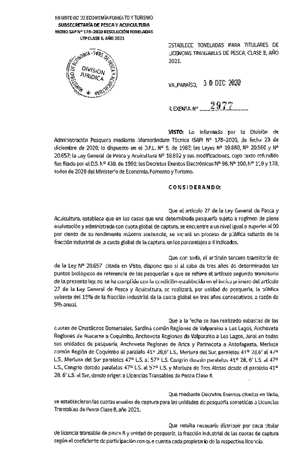 Res. Ex. N° 2977-2020 Establece Toneladas para Titulares de LTP clase B Año 2021. (Publicado en Página Web 04-01-2021)