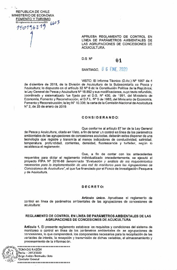 D.S. N° 1-2020 Aprueba Reglamento de Control en Línea de Parámetros Ambientales de las Agrupaciones de Concesiones de Acuicultura (Publicad en Página 05-01-2021) (F.D.O. 05-01-2021)