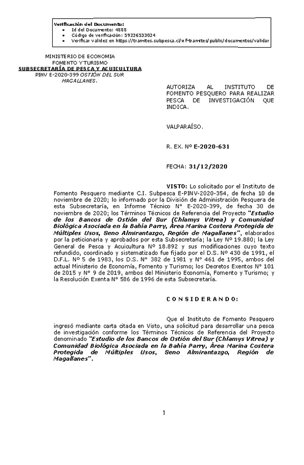 R. EX. Nº E-2020-631 Estudio de los Bancos de Ostión del Sur (Chlamys Vitrea) y Comunidad Biológica Asociada en la Bahía Parry, Área Marina Costera Protegida de Múltiples Usos, Seno Almirantazgo, Región de Magallanes. (Publicado en Página Web 05-01-2021)