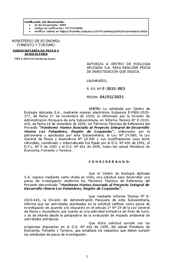 R. EX. Nº E-2021-003 Monitoreo Marino Asociado al Proyecto Integral de Desarrollo Minera Los Pelambres, Región de Coquimbo. (Publicado en Página Web 05-01-2021)