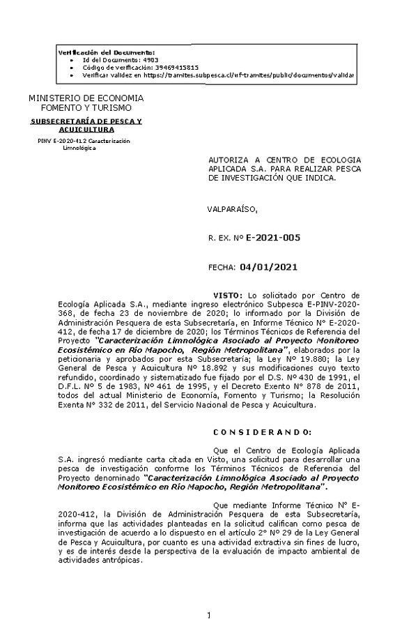 R. EX. Nº E-2021-005 Caracterización Limnológica Asociado al Proyecto Monitoreo Ecosistémico en Río Mapocho, Región Metropolitana. (Publicado en Página Web 05-01-2021)