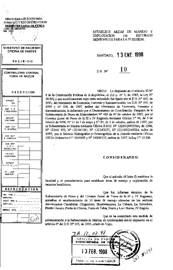 D.S. N° 10-1998 Establece Áreas de Manejo en la Región de Coquimbo.