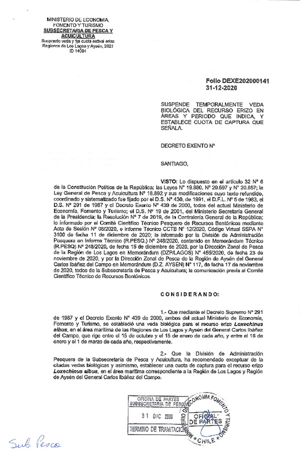 Dec. Ex. Folio 202000141 Suspende Veda Biológica Para el Recurso Erizo, Regiones de Los Lagos y Aysén del General Carlos Ibáñez del Campo. (Publicado en Página Web 05-01-2021)