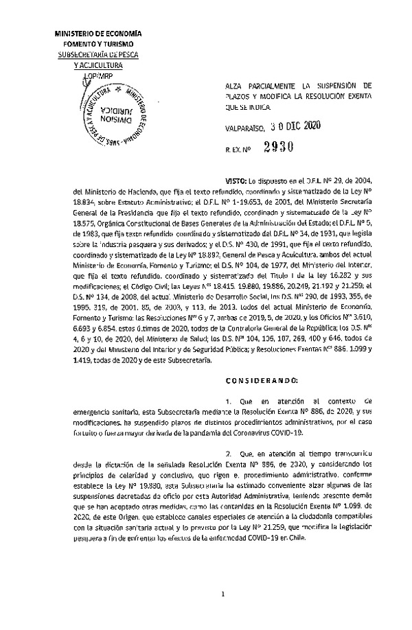 Res. Ex. N° 2930-2020 Alza Parcialmente la Suspensión de Plazos Ordenada en virtud de la Resolución Nº 886, de 2020. (Publicado en Página Web 06-01-2021) (F.D.O. 06-01-2021)