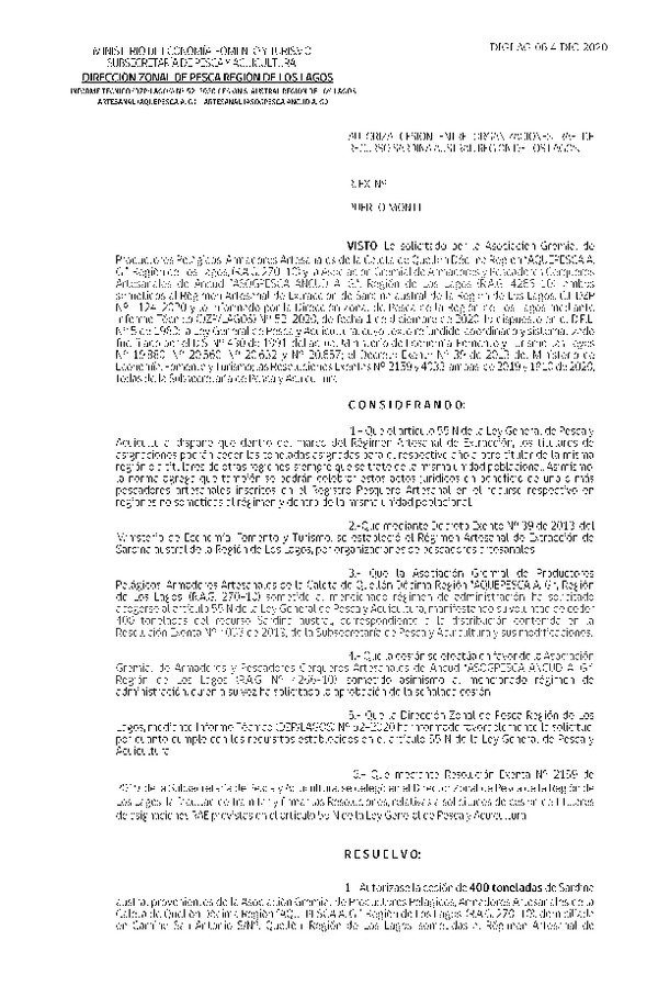 Res. Ex. DIG N° 06-2020 (DZP Los Lagos) Autoriza cesión sardina austral Región de Los Lagos. (Publicado en Página Web 06-01-2021)