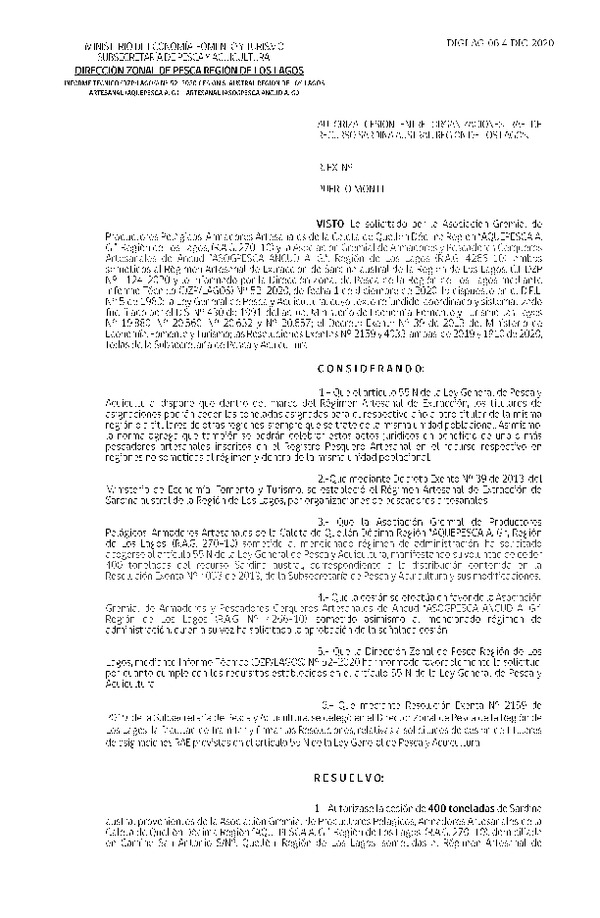 Res. Ex. DIG N° 06-2020 (DZP Los Lagos) Autoriza cesión sardina austral Región de Los Lagos. (Publicado en Página Web 06-01-2021)