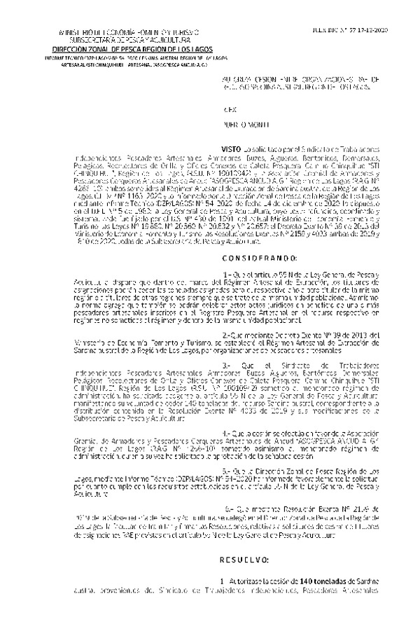 Res. Ex. DIG N° 57-2020 (DZP Los Lagos) Autoriza cesión sardina austral Región de Los Lagos. (Publicado en Página Web 06-01-2021)