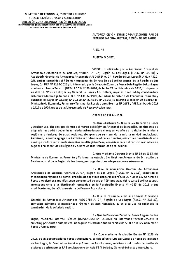 Res. Ex. DIG N° 59-2020 (DZP Los Lagos) Autoriza cesión sardina austral Región de Los Lagos. (Publicado en Página Web 06-01-2021)