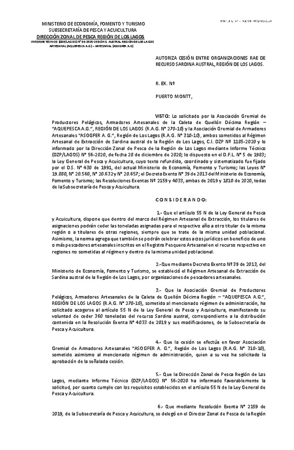 Res. Ex. DIG N° 60-2020 (DZP Los Lagos) Autoriza cesión sardina austral Región de Los Lagos. (Publicado en Página Web 06-01-2021)