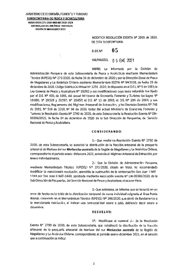 Res. Ex. N° 05-2021 Modifica Res. Ex. N° 2915-2020 Distribución de la Fracción Artesanal de Pesquería de Merluza del sur, Por Área e Individualmente en la Región de Magallanes y La Antártica Chilena, Año 2021. (Publicado en Página Web 06-01-2021)