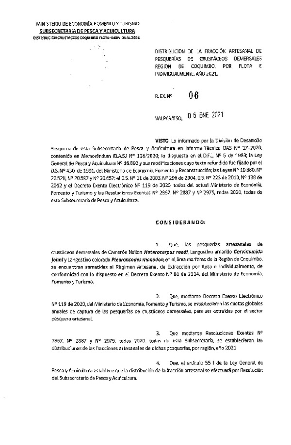 Res. Ex. N° 06-2021 Distribución de la Fracción Artesanal de Pesquerías Crustáceos Demersales, Región de Coquimbo, por Flota e Individualmente, Año 2021. (Publicado en Página Web 06-01-2021)