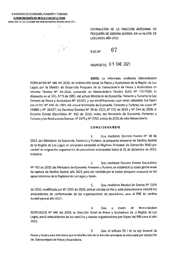 Res. Ex. N° 07-2021 Distribución de la Fracción Artesanal de Pesquería de Sardina Austral, Región de Los Lagos, Año 2021. (Publicado en Página Web 06-01-2021)