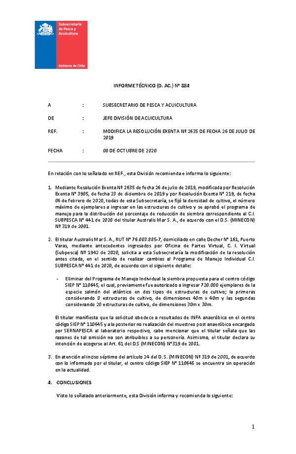 1 INFORME TÉCNICO (D. AC.) N° 884-2020 MODIFICA LA RESOLUCIÓN EXENTA Nº 2635 DE FECHA 26 DE JULIO DE 2019.