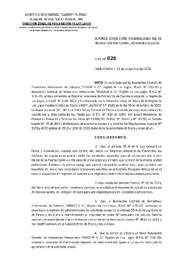 Res. Ex. DIG N° 26-2020 (DZP Los Lagos) Autoriza cesión sardina austral Región de Los Lagos. (Publicado en Página Web 11-01-2021)