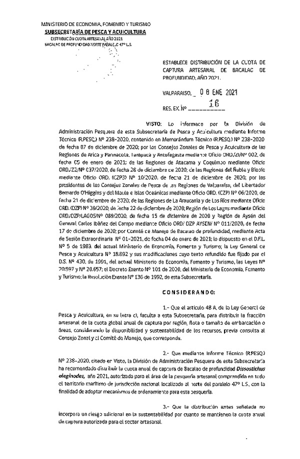 Res. Ex. N° 16-2021 Establece Distribución de la Cuota de Captura Artesanal de Bacalao de Profundidad, Año 2021-. (Publicado en Página Web 11-01-2021)