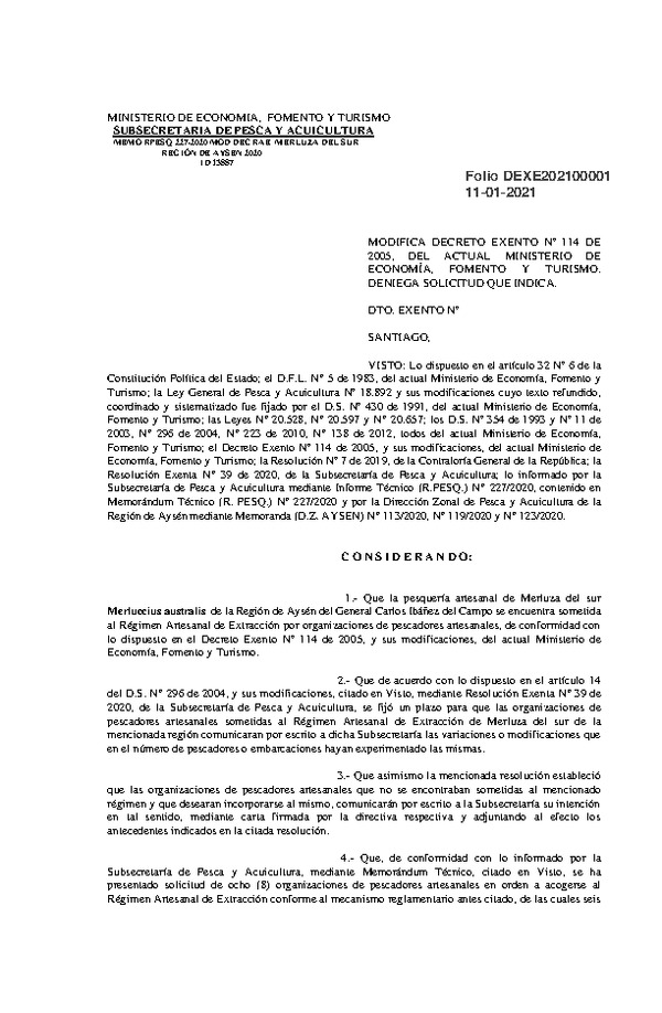 Dec. Ex. Folio 202100001 Modifica Dec. Ex. N°114-2005 Que Estableció Régimen Artesanal de Extracción para la Pesquería Artesanal de Merluza del sur, Región de Aysén. (Publicado en Página Web 11-01-2021)