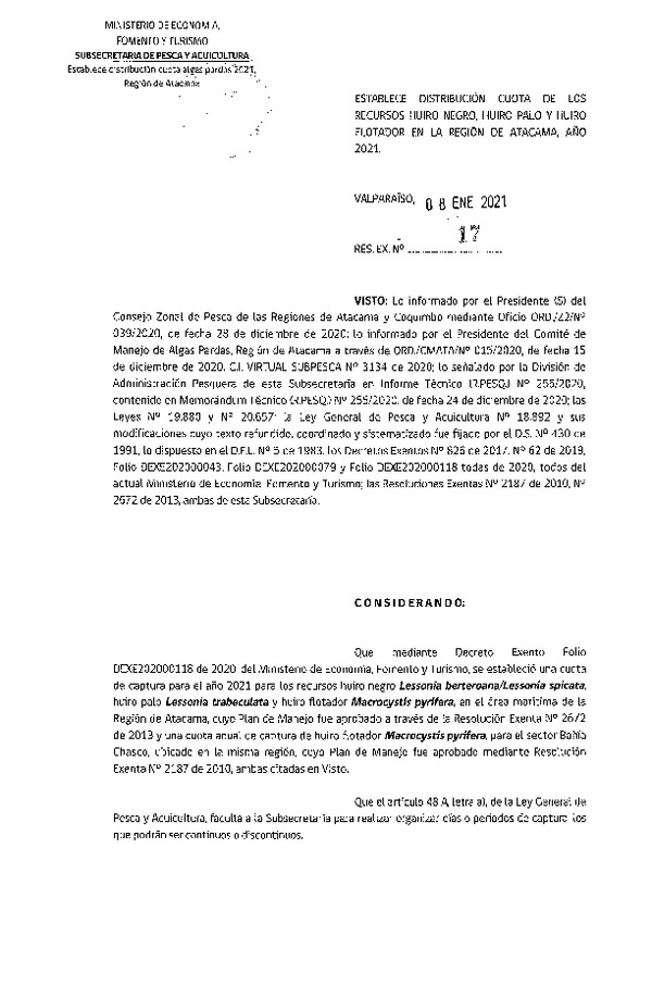 Res. Ex N° 17-2021 Establece distribución cuota de los recursos Huiro Negro, Huiro Palo y Huiro Flotador en la Región de Atacama, año 2021. (Publicado en Página Web 11-01-2021)