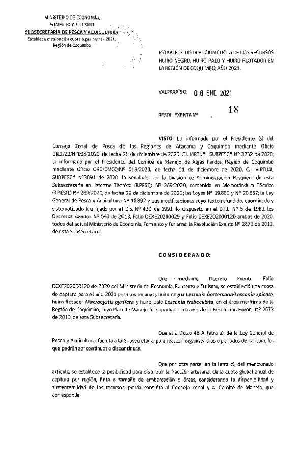 Res. Ex N° 18-2021 Establece distribución Cuota de los recursos Huiro Negro, Huiro Palo y Huiro Flotador en la Región de Coquimbo, año 2021 (Publicado en Página Web 11-01-2021)
