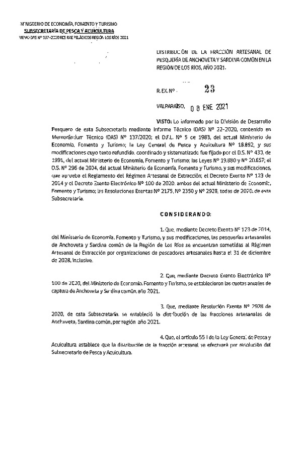 Res. Ex. N° 23-2021 Distribución de la Fracción Artesanal de Pesquería de Anchoveta y Sardina Común, Región de Los Ríos, Año 2021. (Publicado en Página Web 11-01-2021)