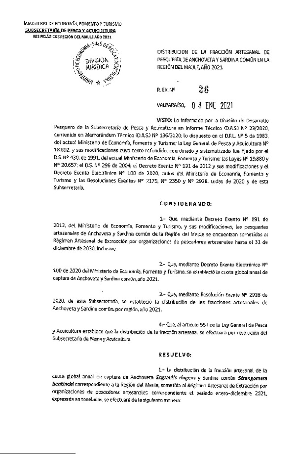 Res. Ex. N° 26-2021 Distribución de la Fracción Artesanal de Pesquería de Anchoveta y Sardina Común, Región del Maule, Año 2021. (Publicado en Página Web 12-01-2021)