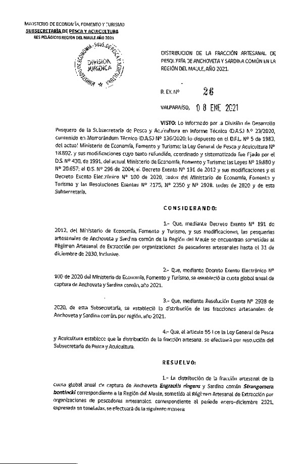 Res. Ex. N° 26-2021 Distribución de la Fracción Artesanal de Pesquería de Anchoveta y Sardina Común, Región del Maule, Año 2021. (Publicado en Página Web 12-01-2021)