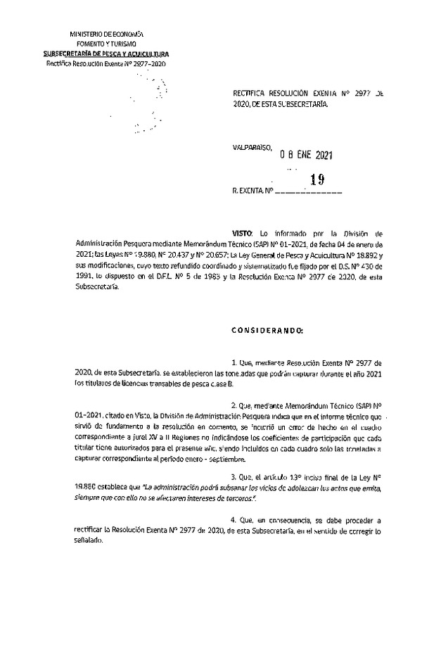 Res. EX. N° 19-2021 Rectifica Res. Ex. N° 2977-2020 Establece Toneladas para Titulares de LTP clase B Año 2021. (Publicado en Página Web 12-01-2021)