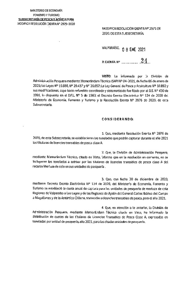 Res. Ex. N° 24-2021 Modifica Res. Ex. N° 2976-2020 Establece Toneladas para Titulares de LTP clase A Año 2021 y Fija Nómina de Titulares, Arrendatarios y Meros Tenedores. (Publicado en Página Web 12-01-2021)