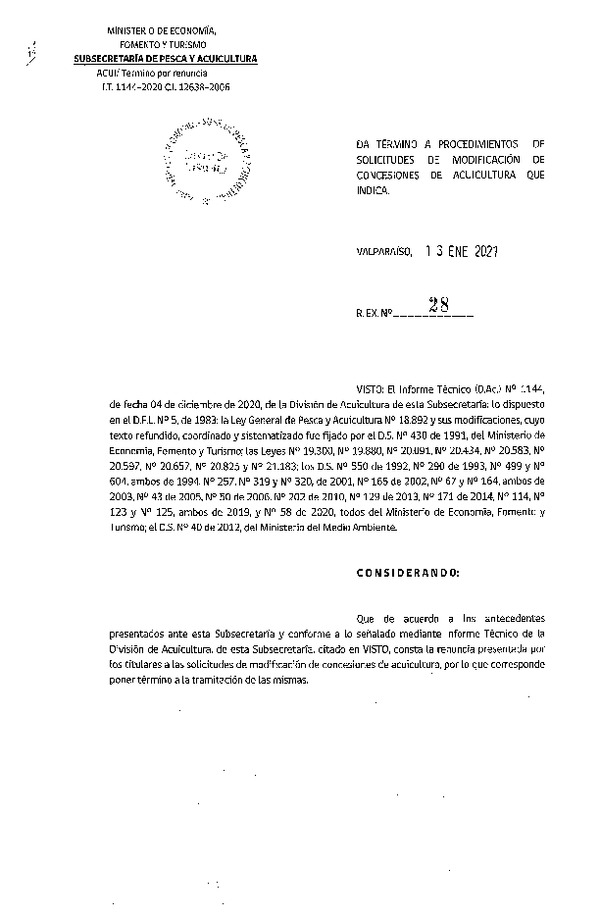 Res. Ex. N° 28-2021 Da término a procedimientos de solicitudes de modificación de concesiones de acuicultura que indica.