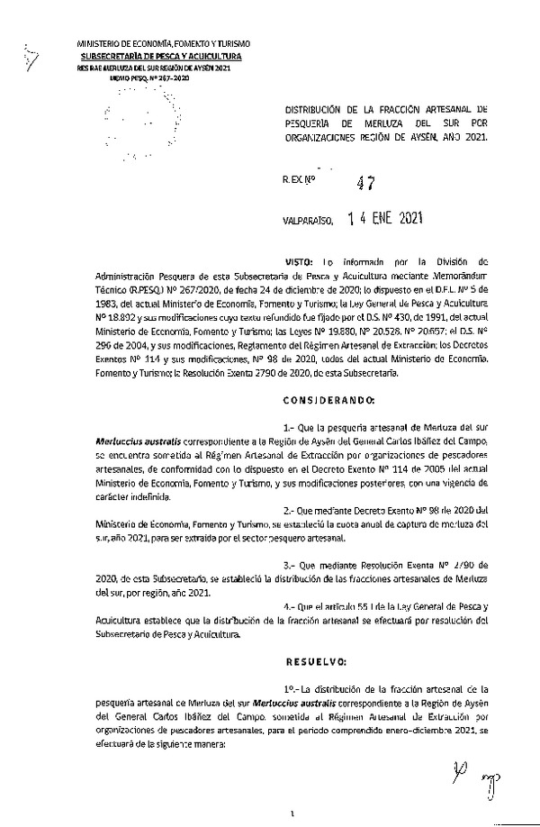 Res. Ex. N° 47-2021 Distribución de la Fracción Artesanal de Pesquería de Merluza del Sur por Organizaciones, Región de Aysén, Año 2021. (Publicado en Página Web 14-01-2021)