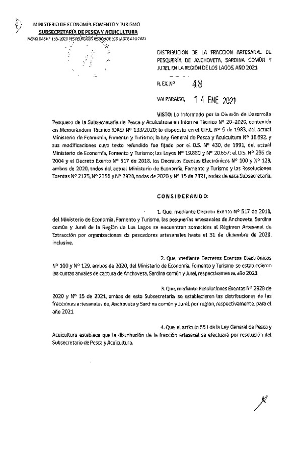 Res. Ex. N° 48-2021 Distribución de la Fracción Artesanal de Pesquería de Anchoveta, Sardina común y Jurel, Región de Los Lagos, año 2021. (Publicado en Página Web 14-01-2021)
