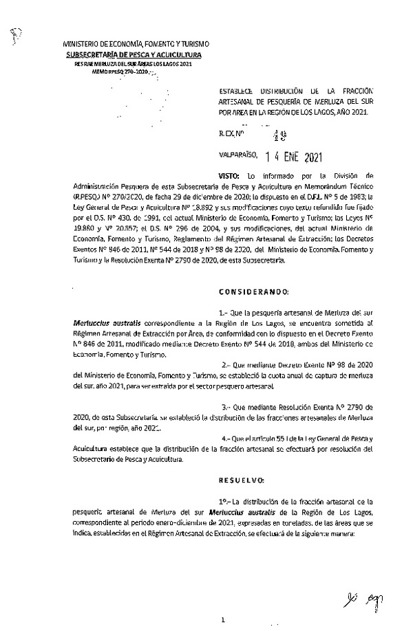 Res. Ex. N° 49-2021 Establece Distribución de la Fracción Artesanal de Pesquería de Merluza del Sur por Área en la Región de Los Lagos, Año 2021. (Publicado en Página Web 14-01-2021)