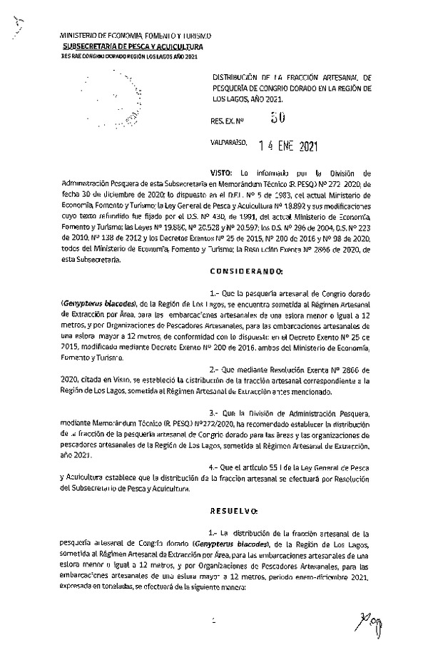 Res. Ex. N° 50-2021 Distribución de la Fracción Artesanal de Congrio Dorado, Región de Los lagos, Año 2021. (Publicado en Página Web 14-01-2021)