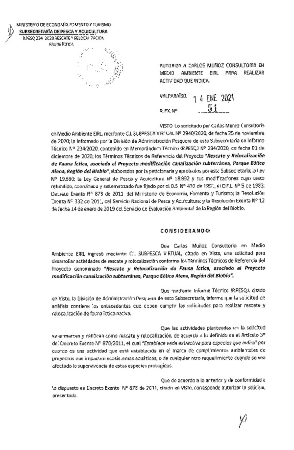 Res. Ex. Nº 51-2021 Rescate y relocalización de fauna íctica, Región del Biobío. (Publicado en Página Web 14-01-2021)