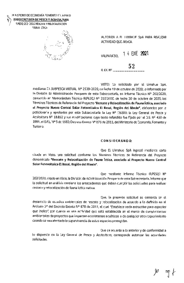 Res. Ex. Nº 52-2021 Rescate y relocalización de fauna íctica, Región del Maule. (Publicado en Página Web 14-01-2021)