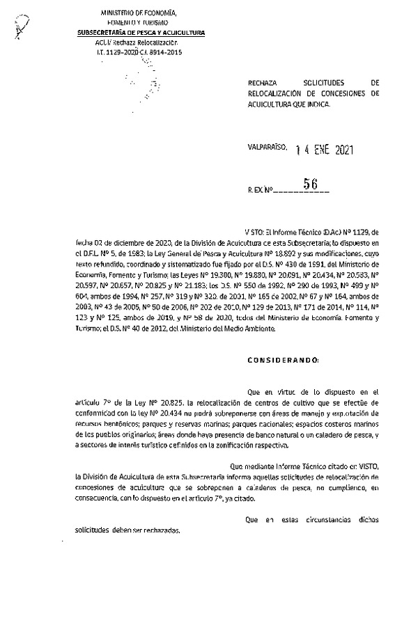 Res. Ex. N° 56-2021 Rechaza solicitudes de relocalización de concesiones de acuicultura que indica.