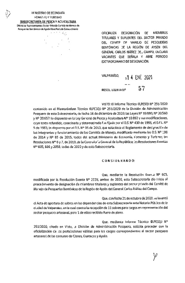 Res. Ex. N° 57-2021 Oficializa Designación de Miembros Titulares y Suplentes del Sector Privado del Comité de Manejo de Pesquerías Bentónicas de la Región de Aysén del General Carlos Ibáñez del Campo, Declara Vacantes que Señala y Abre Periodo Extraordinario de Designación. (Publicado en Página Web 15-01-2021)