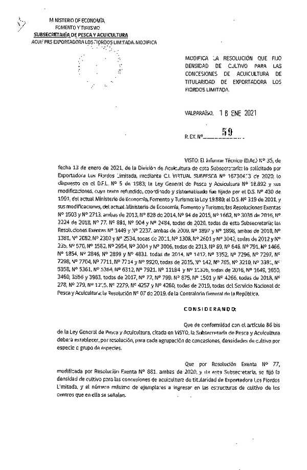 Res. Ex. N° 59-2021 Modifica Res. Ex. N° 77-2020 Fija Densidad de Cultivo para las Concesiones de Acuicultura de Titularidad Los Fiordos Limitada. (Con Informe Técnico) (Publicado en Página Web 19-01-2021)