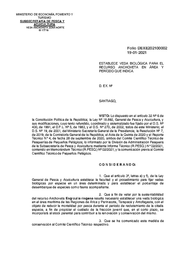 Dec. Ex. N° Folio 202100002 Establece Veda Biológica para el Recurso Anchoveta entre las Regiones de Arica y Parinacota y Antofagasta. (Publicado en Página Web 19-01-2021)