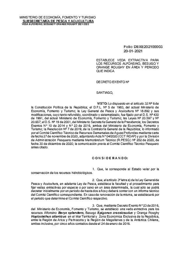 Dec. Ex. N° Folio 202100003 Establece Veda Extractiva para los Recursos Alfonsino, Besugo y Orange Roughy.. (Publicado en Página Web 20-01-2021)