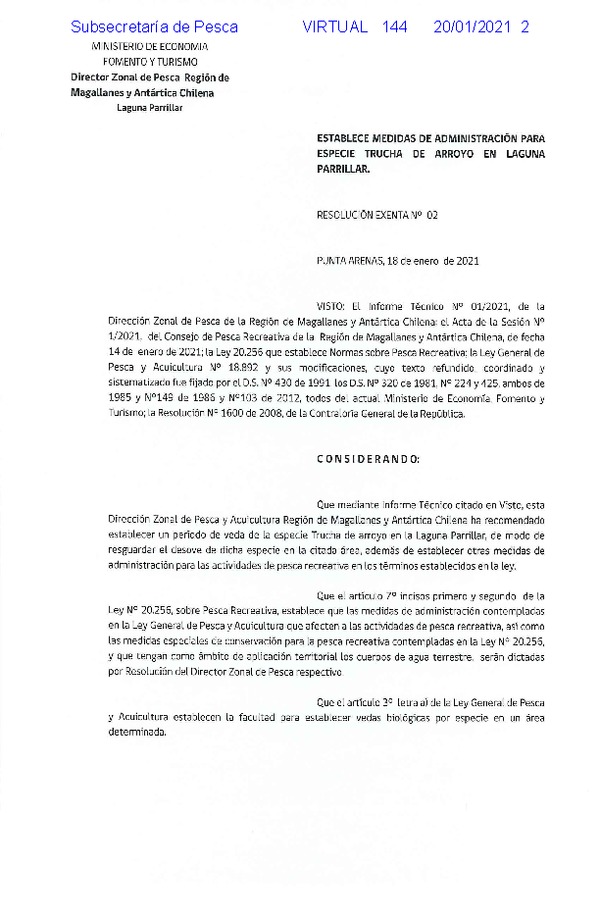 Res. Ex. N° 02-2021 (DZPA Magallanes y Antártica Chilena) Establece Medidas de Administración para las Especie Trucha de Arroyo, en Laguna Parrillar. (Publicado en Página Web 20-01-2021)