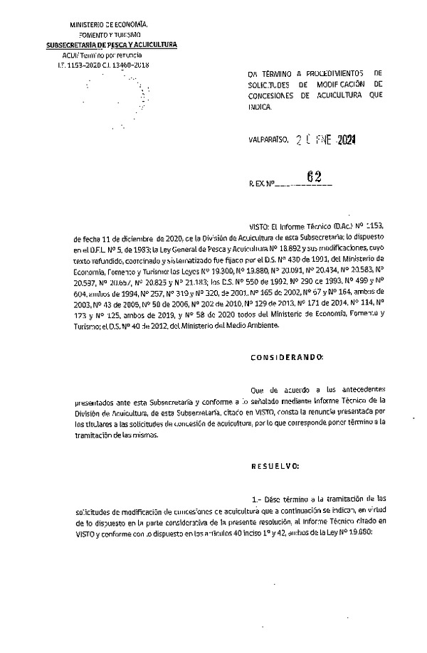 Res. Ex. N° 62-2021 Da término a procedimientos de solicitudes de modificación de concesiones de acuicultura que indica.