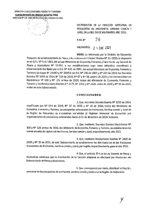 Res Ex. N° 70-2021 Distribución de la fracción artesanal de pesquerías de Anchoveta, Sardina Común y Jurel en la Región de Valparaíso, año 2021. (Publicado en Página Web 21-01-2021)