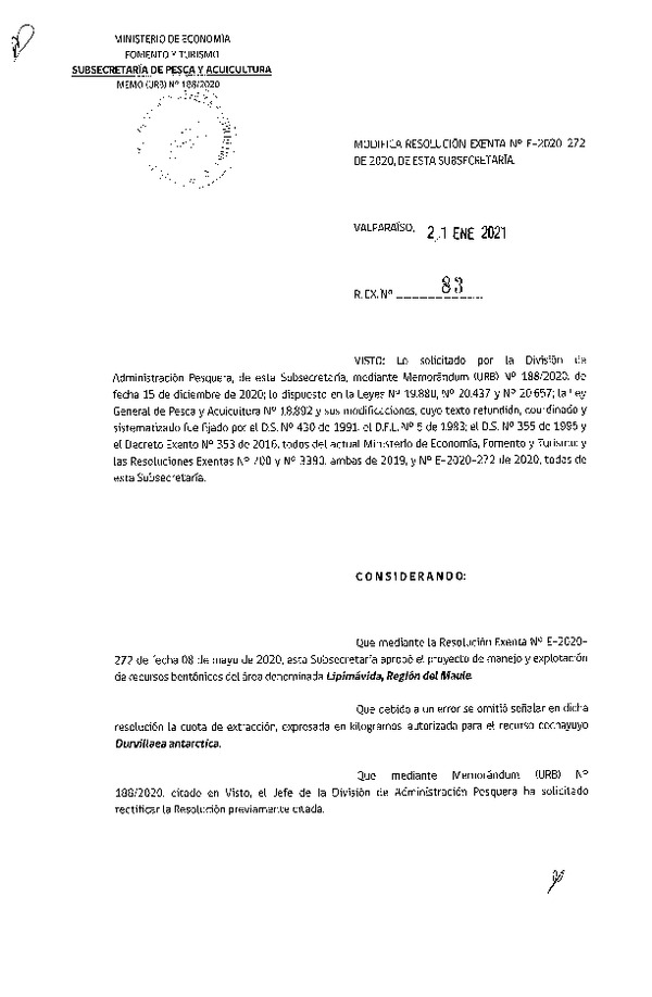 Res. Ex. N° 83-2021 Modifica RESOL. EXENTA Nº E-2020-272 Proyecto de Manejo. (Publicado en Página Web 21-01-2021)