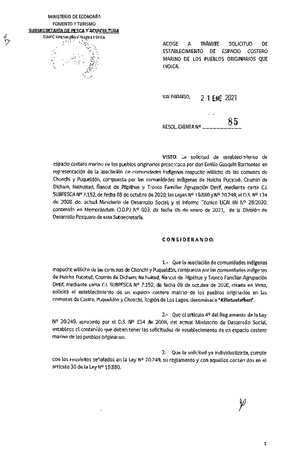Res. Ex. N° 85-2021 Acoge a trámite solicitud de establecimiento de ECMPO Kiñetuelafken. (Publicado en Página Web 21-01-2021)