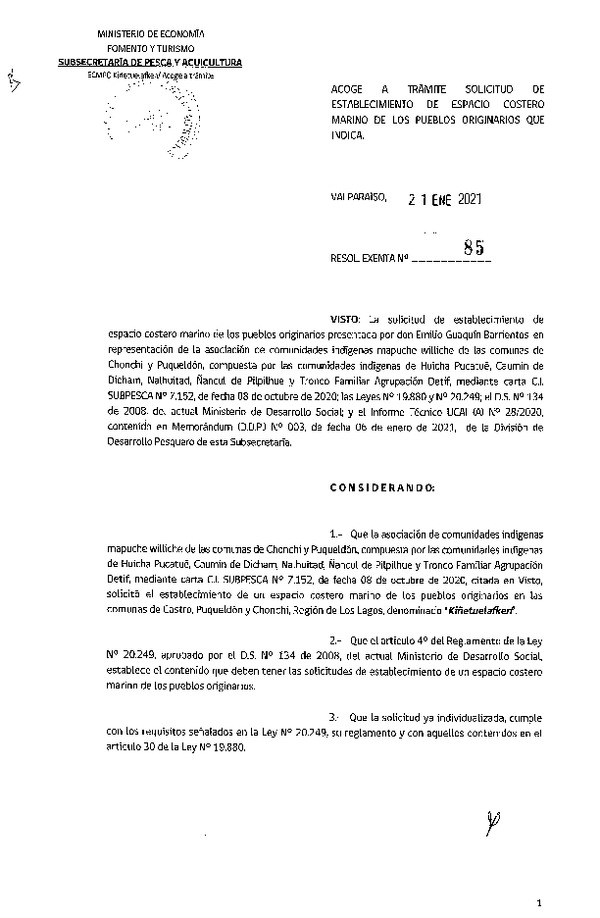 Res. Ex. N° 85-2021 Acoge a trámite solicitud de establecimiento de ECMPO Kiñetuelafken. (Publicado en Página Web 21-01-2021)