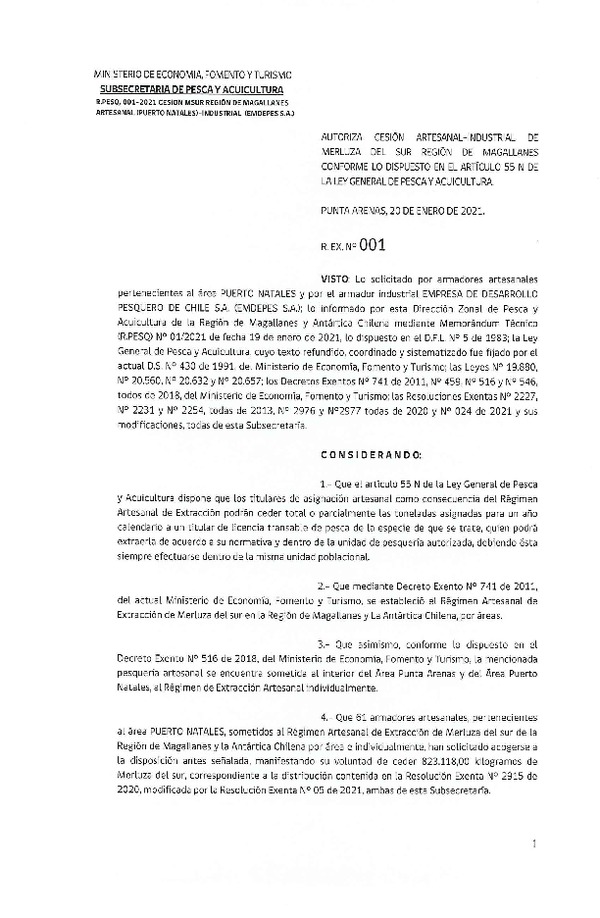 Res. Ex. N° 001-2021 (DZPA Región de Magallanes y Antártica Chilena) Autoriza cesión Merluza del sur. (Publicado en Página Web 25-01-2021)